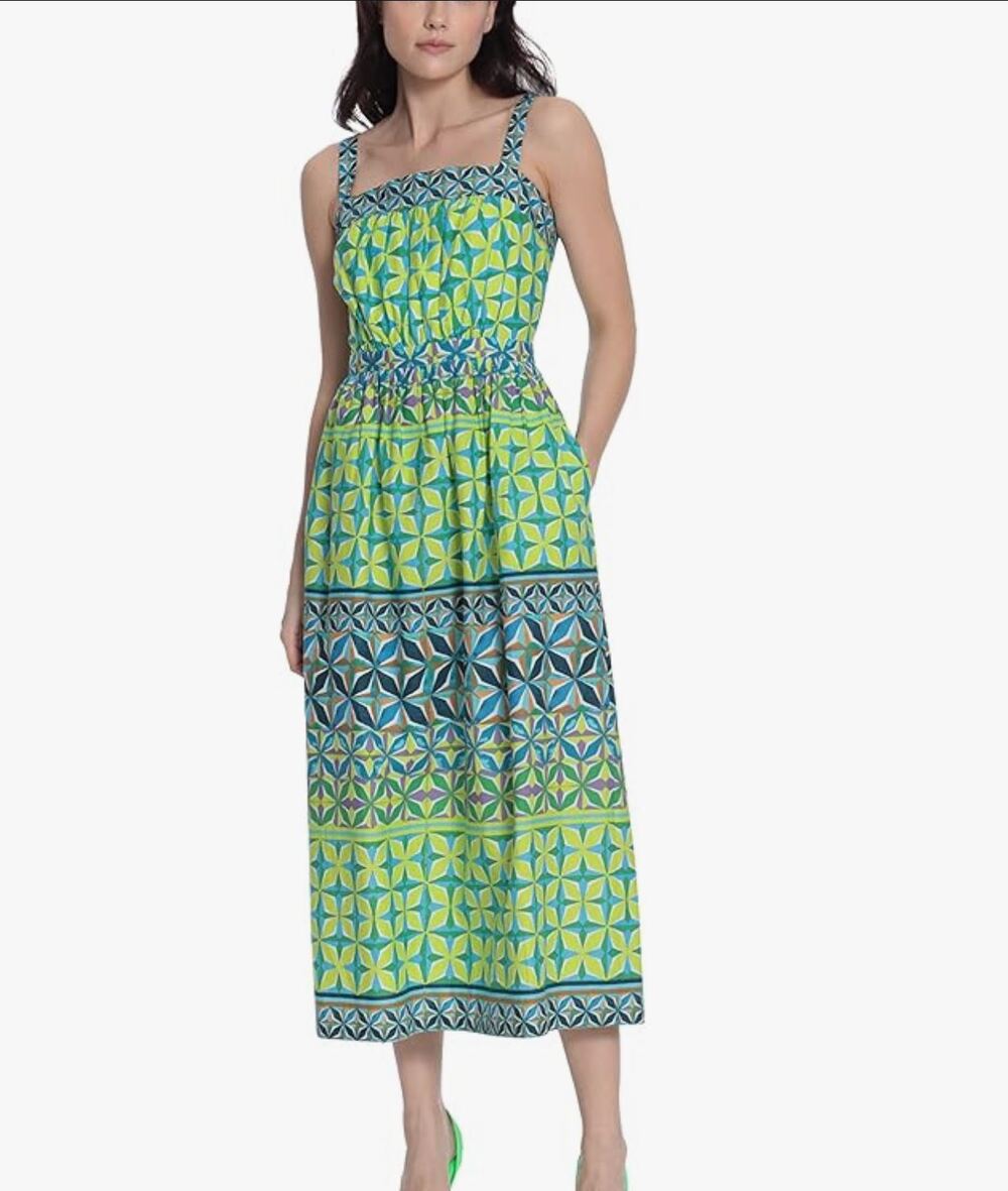 Donna Morgan Poplin Midi Dress Women's 10 Green Blue Abstract Arty Geometric